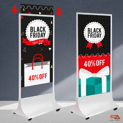 ป้ายตั้งพื้นสีขาว ฐานสามเหลี่ยม พร้อมล้อ ขนาด 80x180 ซม. โชว์งานพิมพ์ได้ 2 ด้าน ถอดประกอบได้ เคลื่อนย้ายสะดวก