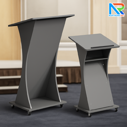 โพเดียมไม้ สีเทา TOPเอียง ขนาด (W)60 x (L)50 x (H)108 cm. พร้อมล้อเลื่อนและชั้นวางของ