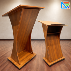 โพเดียมไม้ สีน้ำตาล TOPเอียง ขนาด (W)60 x (L)50 x (H)108 cm. พร้อมล้อเลื่อนและชั้นวางของ