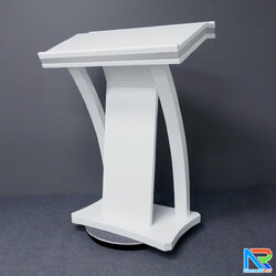 โพเดียมไม้ ยืนคู่ สีขาว ขนาด (W)90 x (L)50 x (H)120 cm. ตกแต่งแถบลามิเนตสีเงินเงาTOPและเสาข้าง