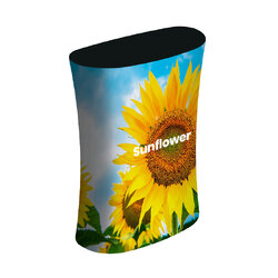 เคาน์เตอร์ผ้าออกบูธ รุ่น R13 ทรงรี โครงอะลูมิเนียมถอดประกอบได้ พร้อมผ้าพิมพ์สกรีนสีสวยสด ซักได้