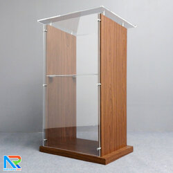 โพเดียมไม้ TOPอะคริลิคใส ปิดผิวลามิเนตลายไม้ สี WALNUT ขนาด (W)70 x (D)54 x (H)119 cm. พร้อมชั้นวางของอะคริลิคใส