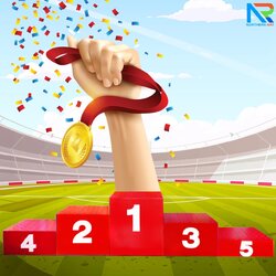 แท่นยืนรับรางวัล 1-2-3-4-5 สีแดง ขนาด (W)350 x (D)50 x (H)65 cm. โครงเหล็กกัลวาไนซ์ทำสี พร้อมตัวเลข 1-2-3-4-5 สีขาว