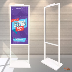 ป้ายตั้งพื้นฐานเหล็กสีขาว ขนาด (W)44 x (H)135 cm. สอดงานพิมพ์ด้านบน โชว์งานพิมพ์ 2 ด้าน ติดโลโก้ด้านบนเฟรม ถอดประกอบได้