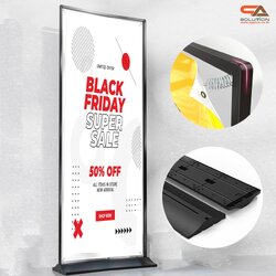 ป้ายตั้งพื้น รุ่นแขวน ฐานพลาสติกขึ้นรูป ขนาด 60x160 ซม. โครงเหล็กสีดำพร้อมขอแขวน 4 มุม ถอดประกอบได้ เคลื่อนย้ายสะดวก