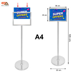 เช่าโปสเตอร์สแตนด์ สแตนเลส ขนาด A4 ฐานกลม โชว์ภาพ2ด้าน พร้อมอะคริลิคใส 2 แผ่นประกบ สอดงานพิมพ์ด้านบน