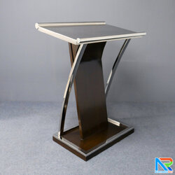 โพเดียมไม้ยืนคู่ Top หุ้มสแตนเลส สีโอ๊คน้ำตาล ขนาด (W) 90x (L) 59 x (H) 120 cm. พร้อมตกแต่งเสาโค้งสแตนเลสเกรด304