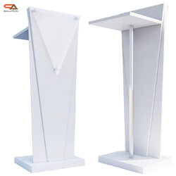 โพเดียมไม้สีขาว ทรงสามเหลี่ยม ขนาด (W) 45 x (L) 35 x (H) 120 cm. ด้านหน้าอะคริลิคใส ติดหมุด สำหรับติดโลโก้