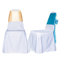 เช่าเก้าอี้บุนวม คลุมผ้าสีขาว ผูกโบว์สีทอง-สีฟ้า ( ขั้นต่ำ 10 ตัว )
