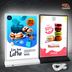 ป้ายตั้งโต๊ะ LED ขนาด A4 แนวตั้ง สีดำ และ สีขาว พร้อมสาย USB โชว์งานพิมพ์สองด้าน สอดงานพิมพ์ด้านบน