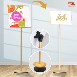 โปสเตอร์สแตนด์ ขนาด A4 ฐานกลม สีทอง เสาเดี่ยว สอดภาพจากด้านข้าง เปลี่ยนมุมเอน ปรับแนวตั้ง-แนวนอนได้