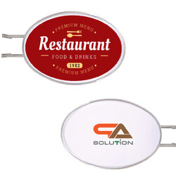 ตู้ไฟ ป้ายไฟ LED วงรี 2 หน้า ขอบสีเงิน อะคริลิคปั๊มนูน มีขายื่น ติดตั้งง่าย