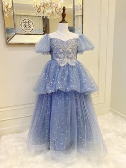 เดรสออกงานราตรียาวแขนตุ๊กตาสีฟ้าคราม