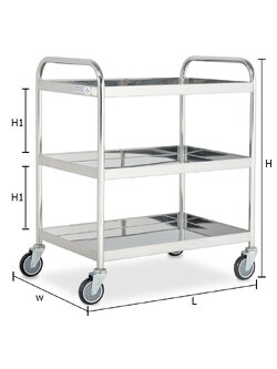 THREE-TIER STAINLESS STEEL TRAY TROLLEY - DOUBLE HANDLES - PU WHEELS 745x510x885 mm