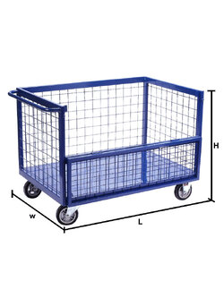 Steel cage cart with grille side panel, transparent model, 500 kg, without top cover