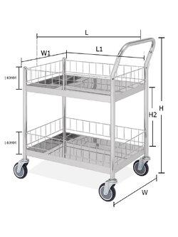 รถเข็นสเตนเลส 2 ชั้น แบบมีคอกล้อม มือจับข้างเดียว ล้อ PU 810x525x890 mm