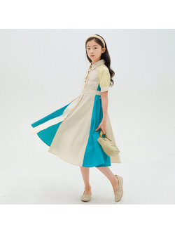 เดรสแขนตุ๊กตา 3 โทนสีมาพร้อมโบว์คาดเอว