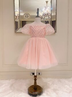 เดรสออกงานราตรีสั้นแขนตุ๊กตาสีชมพูน่ารัก