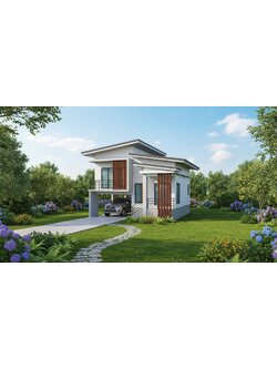 แบบบ้านโมเดิร์นชั้นครึ่ง 2 ห้องนอน 2 ห้องน้ำ จอดรถ1คัน