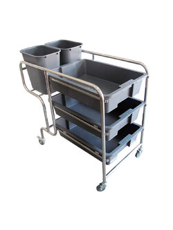 รถเข็นเก็บจาน 3 ชั้น พร้อมกระบะ ถังพลาสติก (คันใหญ่)