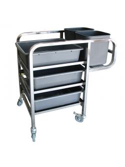 รถเข็นเก็บจาน 3 ชั้น โครงสแตนเลส พร้อมกระบะ ถังพลาสติก