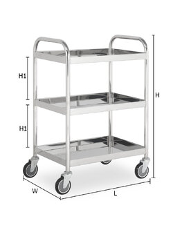 THREE-TIER STAINLESS STEEL TRAY TROLLEY - DOUBLE HANDLES - PU WHEELS 610x410x885 mm