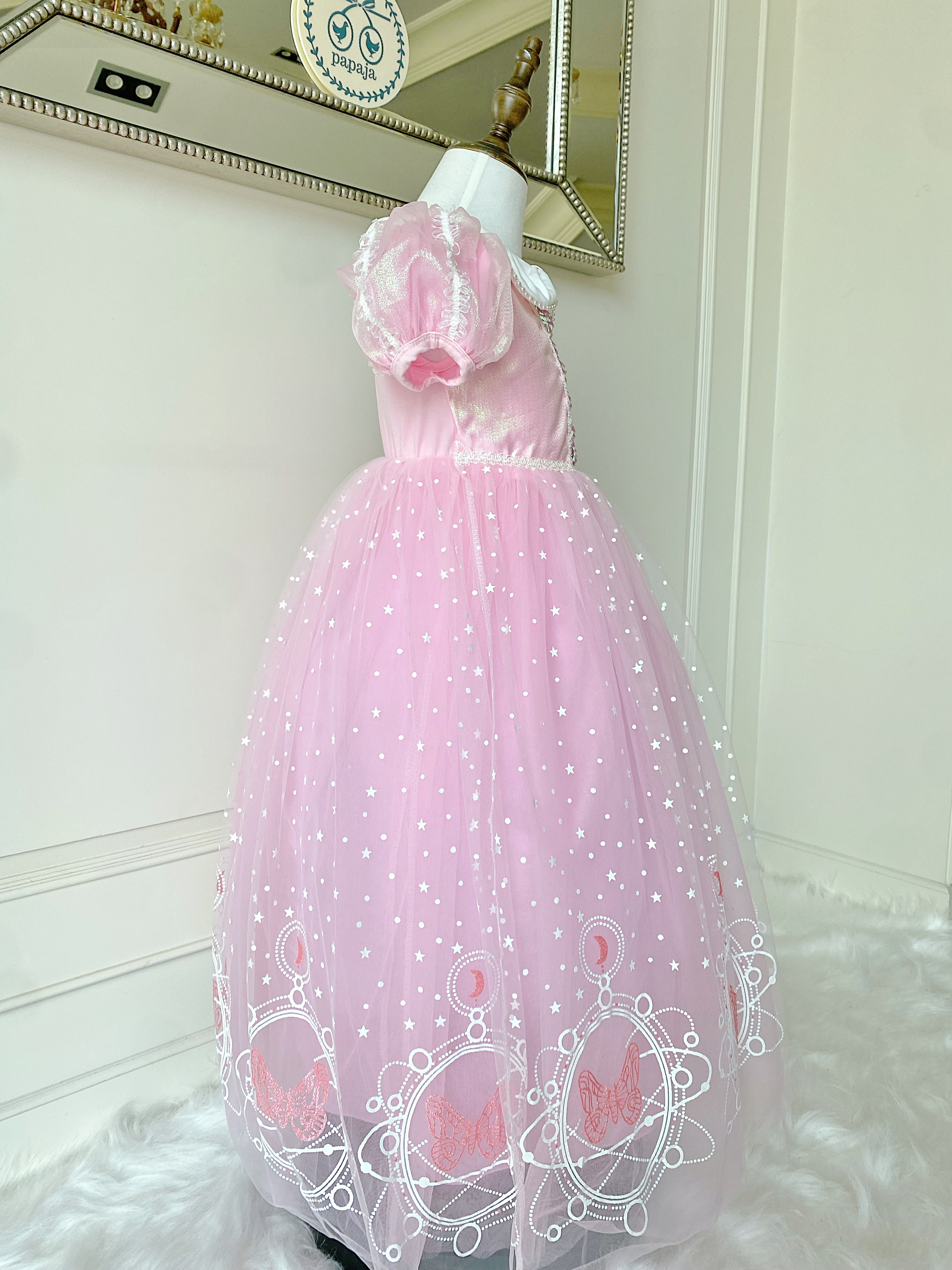 ชุดเจ้าหญิงออโรร่า ปกคอบัวรูปโบว์ กระโปรงสกรีนลายสวย