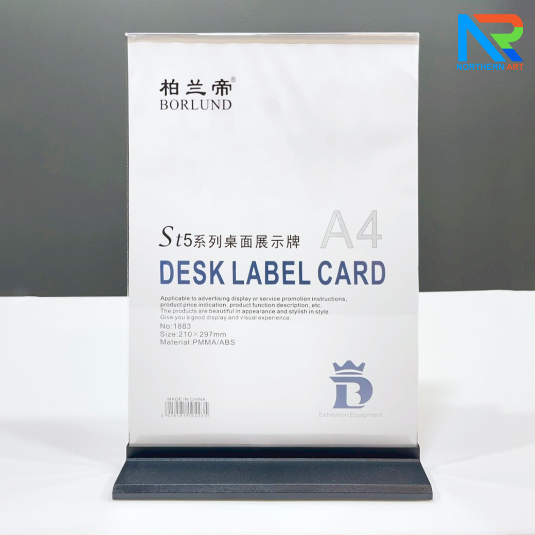 ป้ายตั้งโต๊ะ อะคริลิค ฐานพลาสติก สีดำ ขนาด A4 โชว์งานพิมพ์ได้ 2 หน้า ถอดประกอบได้