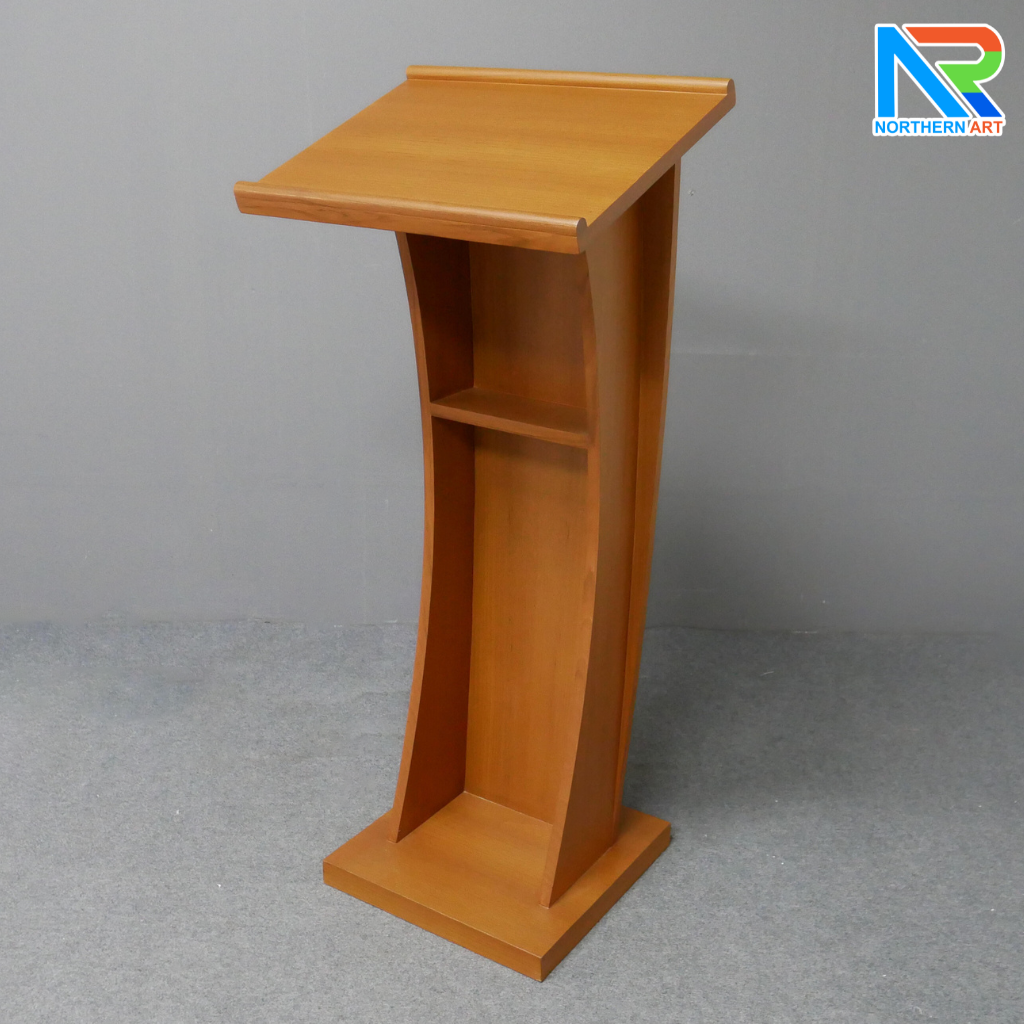 โพเดียมไม้ ลายไม้ สีสัก ขนาด (W) 50 x (L) 40 x (H) 120 cm. พร้อมชั้นวางของ