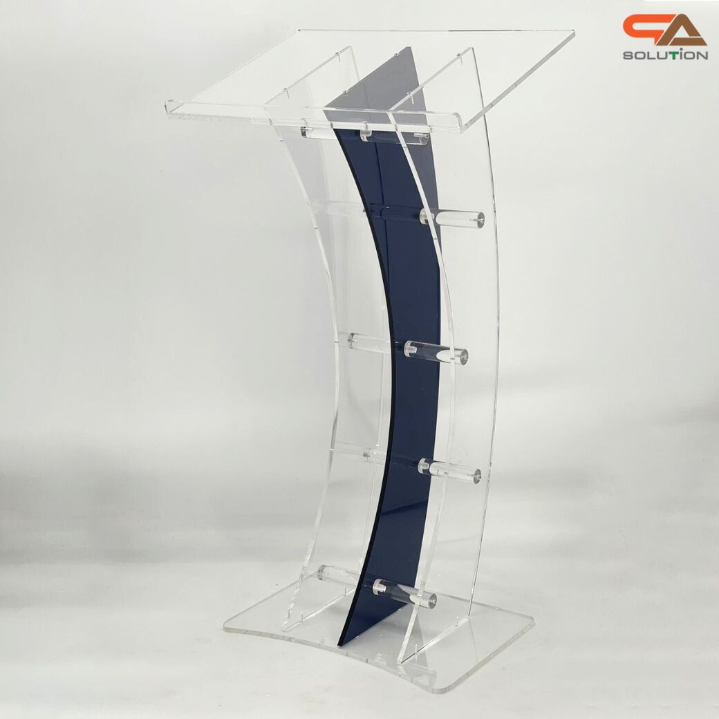 โพเดียมอะคริลิคใส และอะคริลิคสีน้ำเงิน ขนาด(W)60 x (L)42 x (H)113 cm. TOP เอียงพร้อมกันตก