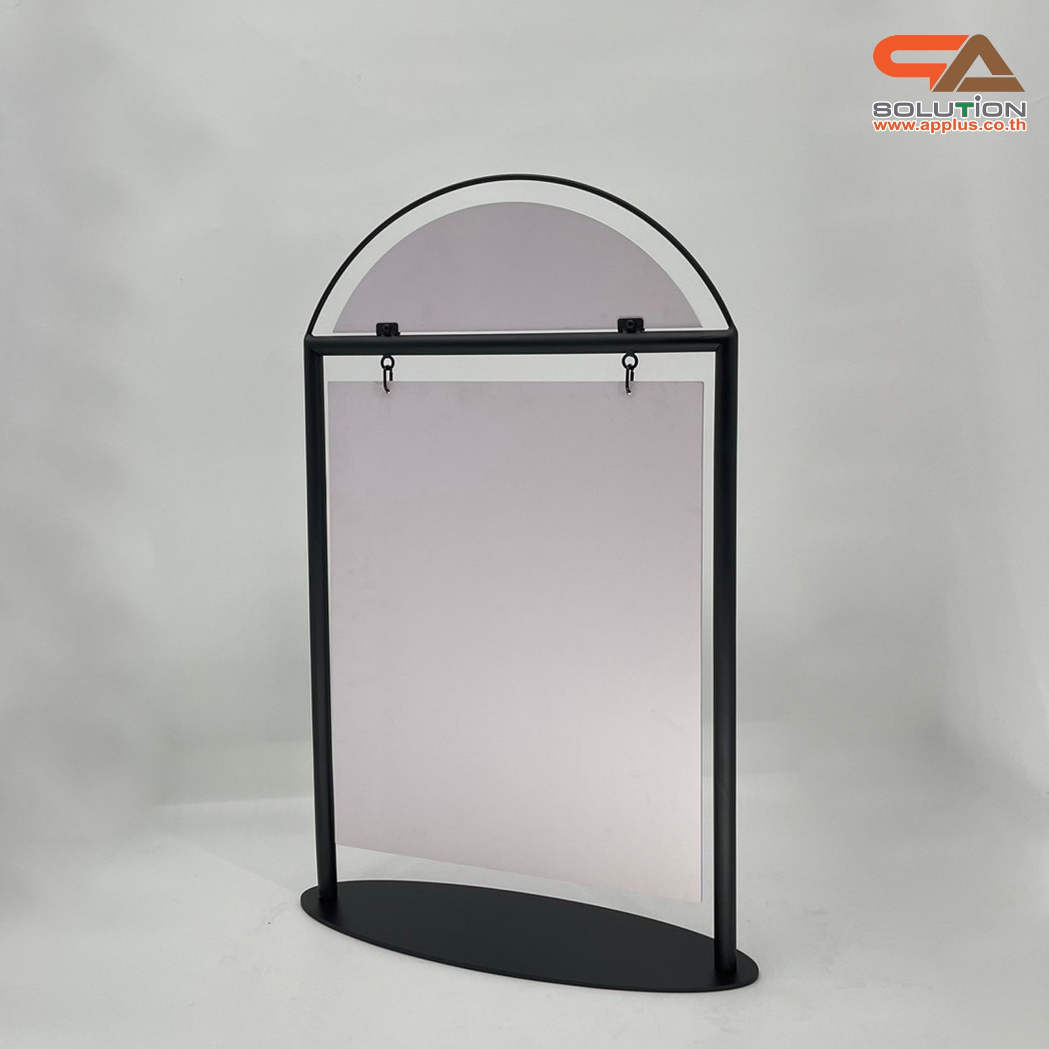 ป้ายตั้งพื้น ป้้ายมินิมอล เหล็กสีดำ ขนาด (W)59 x (H)95 cm. โชว์งานพิมพ์ 2 ด้าน ฐานวงรี ถอดประกอบได้