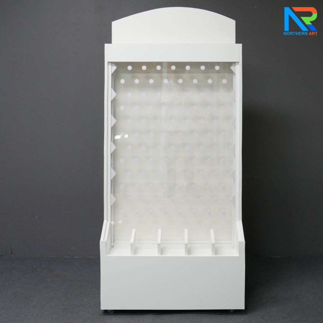 เช่าเกมส์หย่อนเหรียญตั้งพื้น มีล้อ ขนาด (W)80 X (D)30 X (H)150 cm. วัสดุไม้MDFปิดผิวเมลามีน และแผ่นอะคริลิคใส พร้อมเหรียญอะคริลิค 12 อัน