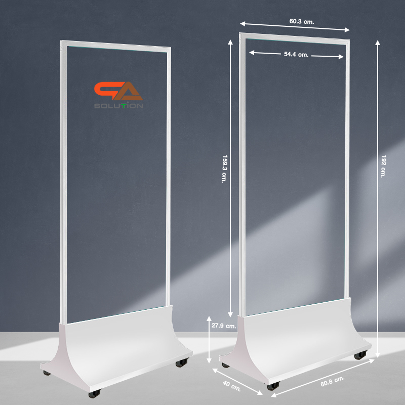 ป้ายตั้งพื้นเหล็ก สีขาว ฐานทรงสามเหลี่ยมโค้ง พร้อมล้อ ขนาด 60x160 ซม. โชว์งานพิมพ์ได้ 2 ด้าน