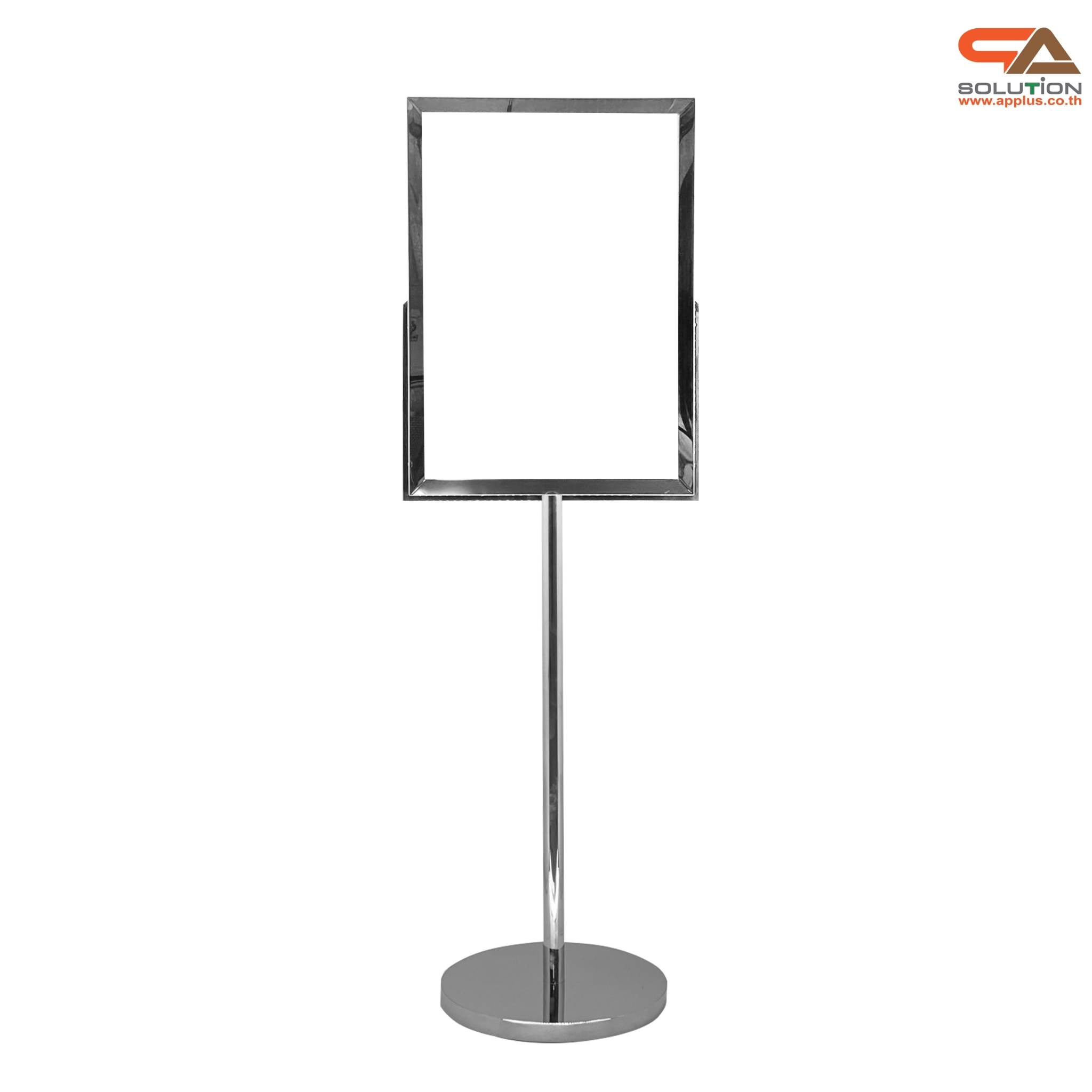 โปสเตอร์สแตนด์ สแตนเลส ฐานกลม เสาเดี่ยว ขนาด (W)50 x (L)70 x (H)160 cm.สแตนเลสเกรด304 พร้อมอะคริลิค หนา 2 มม. 2 แผ่น ประกบ สอดงานพิมพ์ด้านบน
