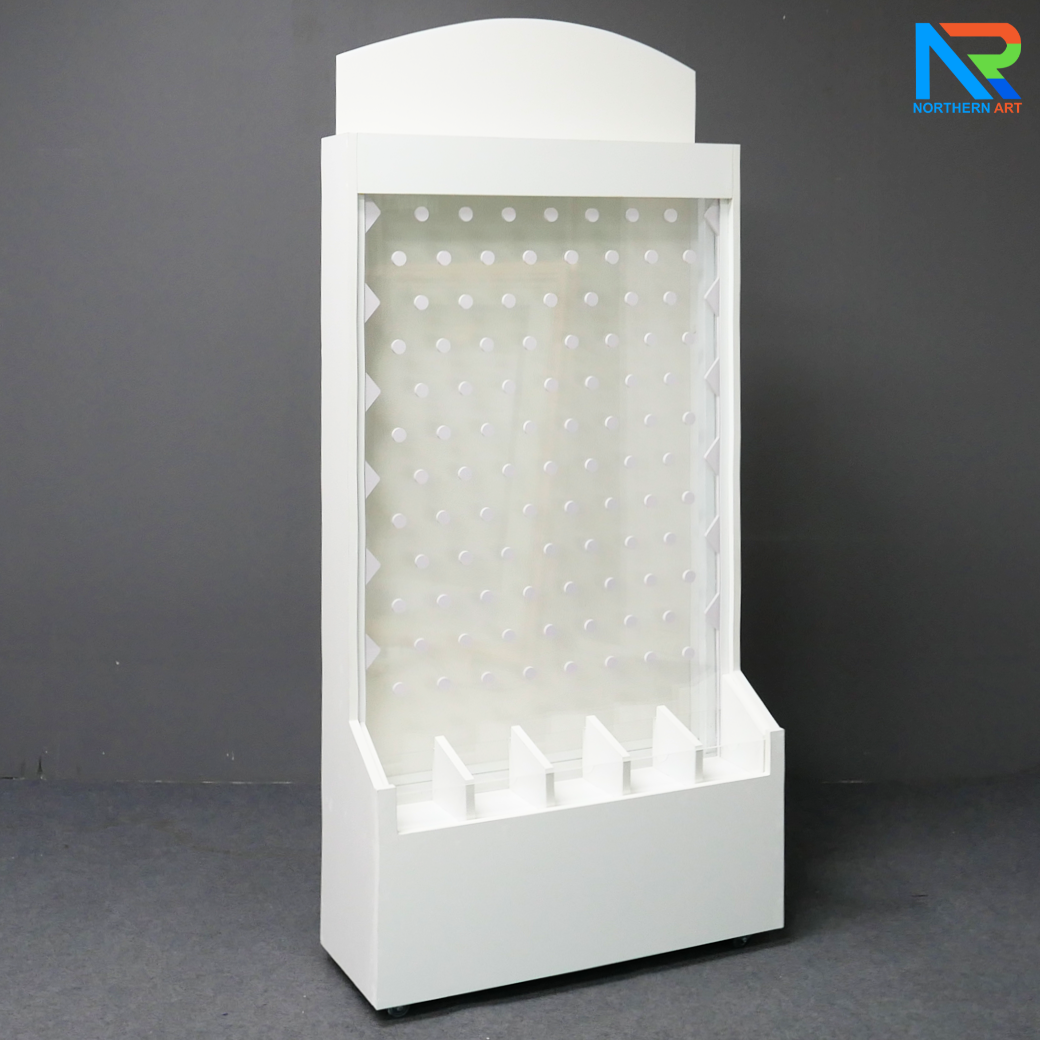 เช่าเกมส์หย่อนเหรียญตั้งพื้น มีล้อ ขนาด (W)80 X (D)30 X (H)150 cm. วัสดุไม้MDFปิดผิวเมลามีน และแผ่นอะคริลิคใส พร้อมเหรียญอะคริลิค 12 อัน