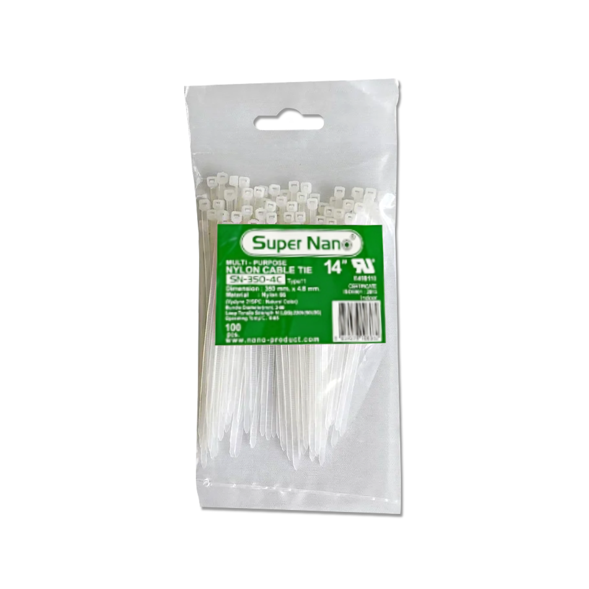 Cable tie NANO 350x4.8 สีขาว ถุง-100ชิ้น SN-350-4C (100 ชิ้น/ถุง, 3,500 ชิ้น/กล่อง)
