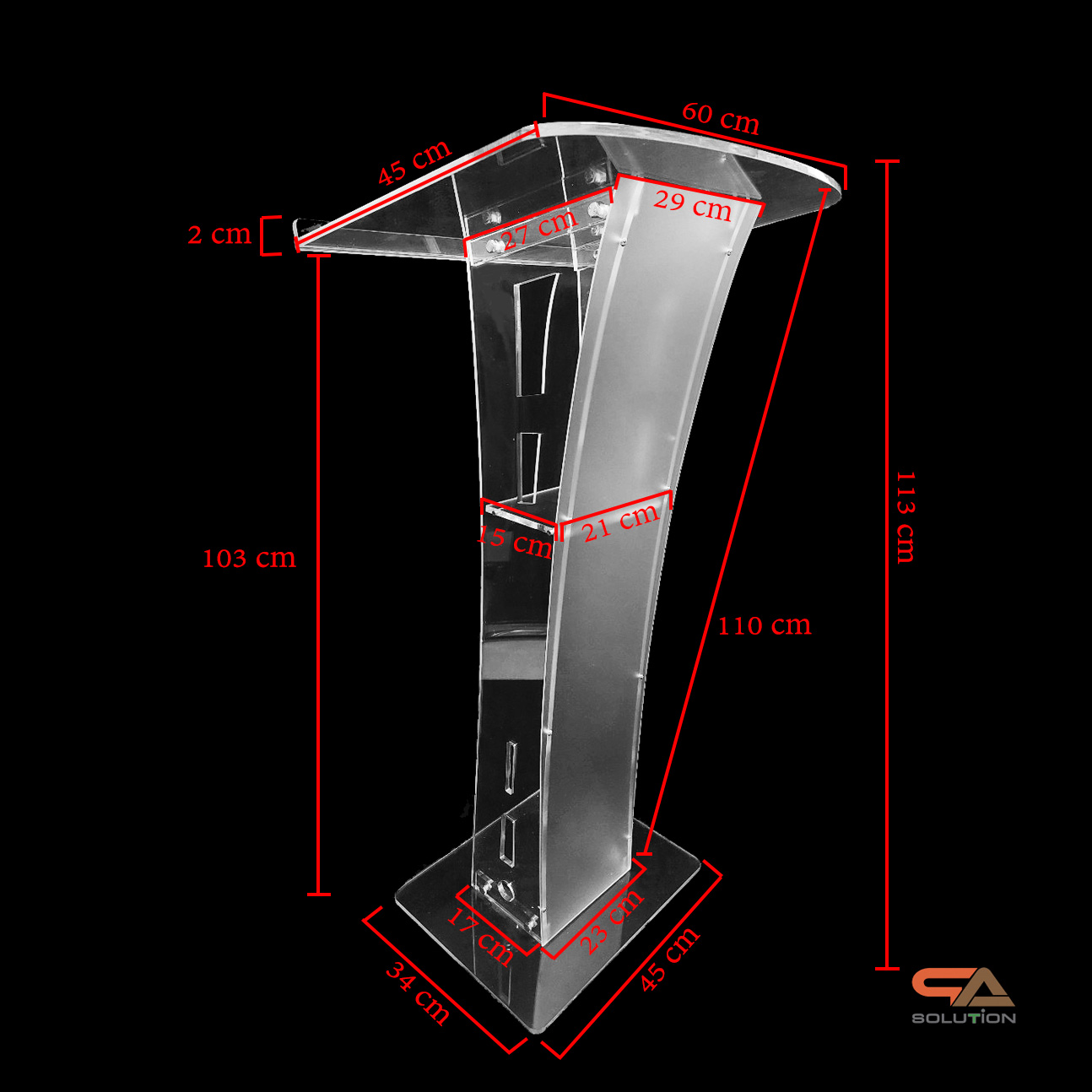 โพเดียมอะคริลิคใส รุ่น AC-12 ด้านหน้าอะคริลิคฝ้า TOP เอียง ขนาด(W)60 x (L)45 x (H) 113 cm.