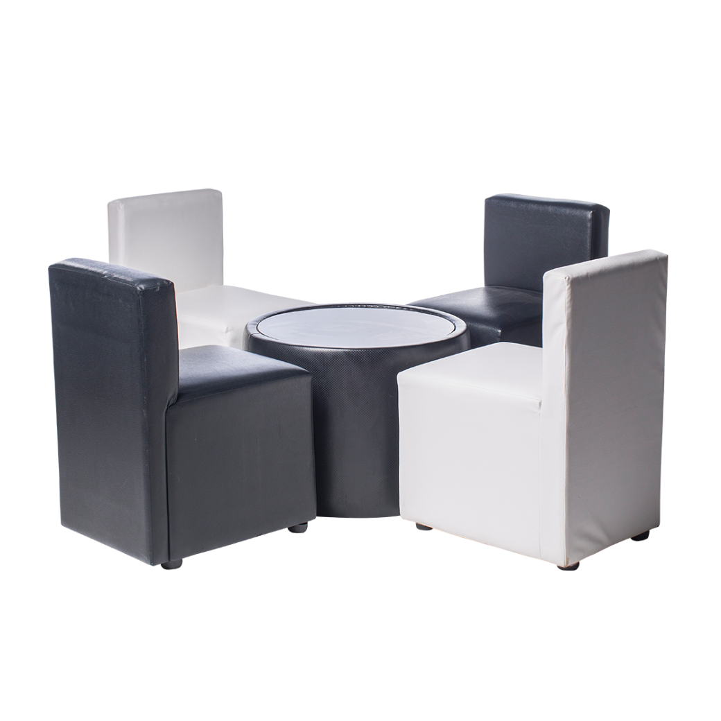 เช่าชุดโต๊ะทรงกลม หุ้มหนังทั้งตัว TOP กระจก พร้อมเก้าอี้ 4 ตัว (เก้าอี้มีหลายแบบให้เลือก)