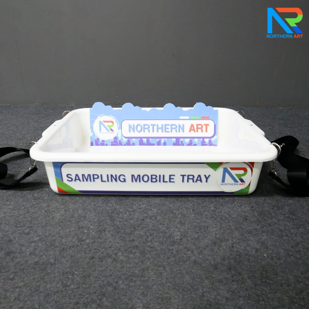 SAMPLING MOBILE TRAY ถาดแจกเคลื่อนที่ ขนาด (W)52 x (D)38 x (H)11 cm. ถาดพลาสติกสีขาวพร้อมสายคล้อง