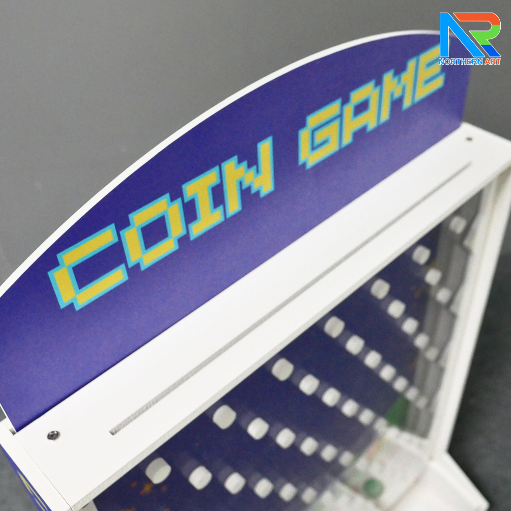 เช่าเกมส์หย่อนเหรียญตั้งโต๊ะ ขนาด (W)50 X (D)20 X (H)80 cm. วัสดุพลาสวูดหนา 8 มม. พร้อมเหรียญพลาสติกคละสี 10 เหรียญ