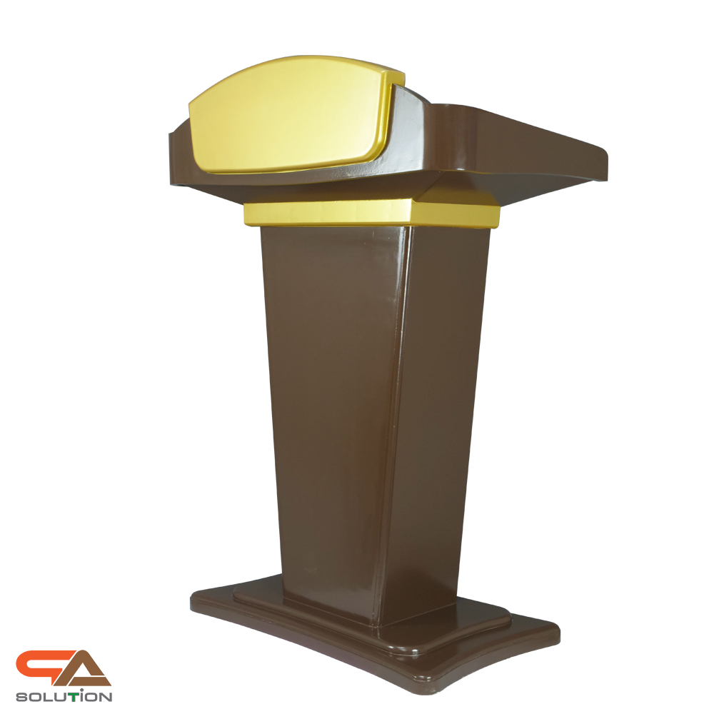 CLEARANCE SALE! โพเดียมไม้สีโอ๊คและสีทอง รุ่น PD-07 ขนาดTOP 90 x 46 ซม.สูง 120 ซม. พร้อมชั้นวางของ