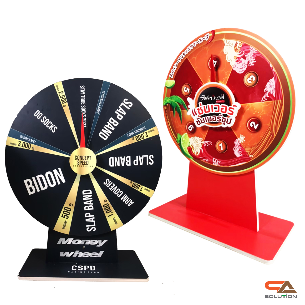 เกมส์วงล้อตั้งโต๊ะ ขนาดวงล้อ 50 ซม. สูง 61.5 ซม. วัสดุพลาสวูดสีขาว หนา 8-15 มม. ถอดประกอบได้