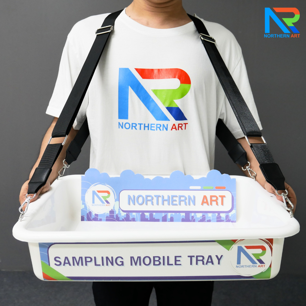 SAMPLING MOBILE TRAY ถาดแจกเคลื่อนที่ ขนาด (W)52 x (D)38 x (H)11 cm. ถาดพลาสติกสีขาวพร้อมสายคล้อง
