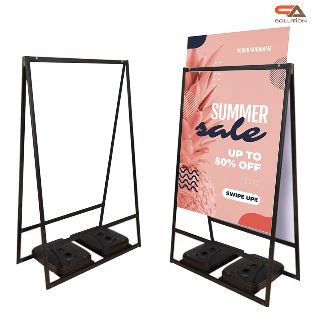 ป้ายตั้งพื้น พับได้ ฐานน้ำ 2 หน้า ขนาด 80x120 cm. สอดงานพิมพ์ด้านบน พร้อมฐานน้ำถ่วงน้ำหนัก มั่นคง ไม่ล้ม
