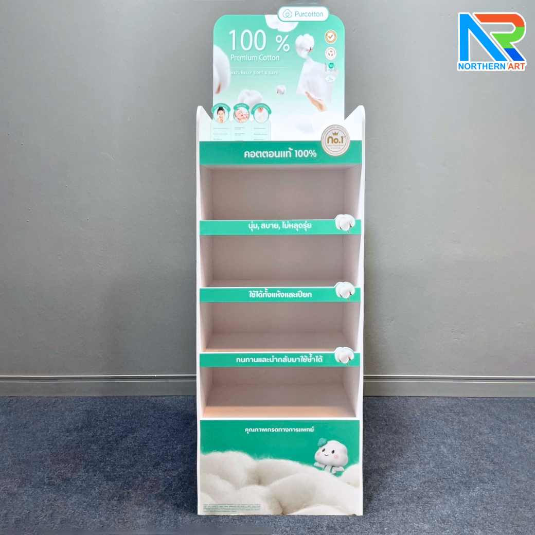 ชั้นวางสินค้าพลาสวูด 5 ชั้น ขนาด (W)46.6 x (D)30 x (H)152.5 cm. พร้อมงานพิมพ์ พลาสวูดหนา 8 มม. สั่งผลิตตามแบบ