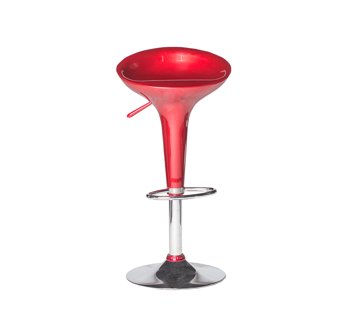 เช่าเก้าอี้บาร์ ทรงถ้วยไอศครีม ปรับสูงต่ำได้ ขาเหล็กชุบโครเมี่ยม มี3สี ขาว แดง ดำ