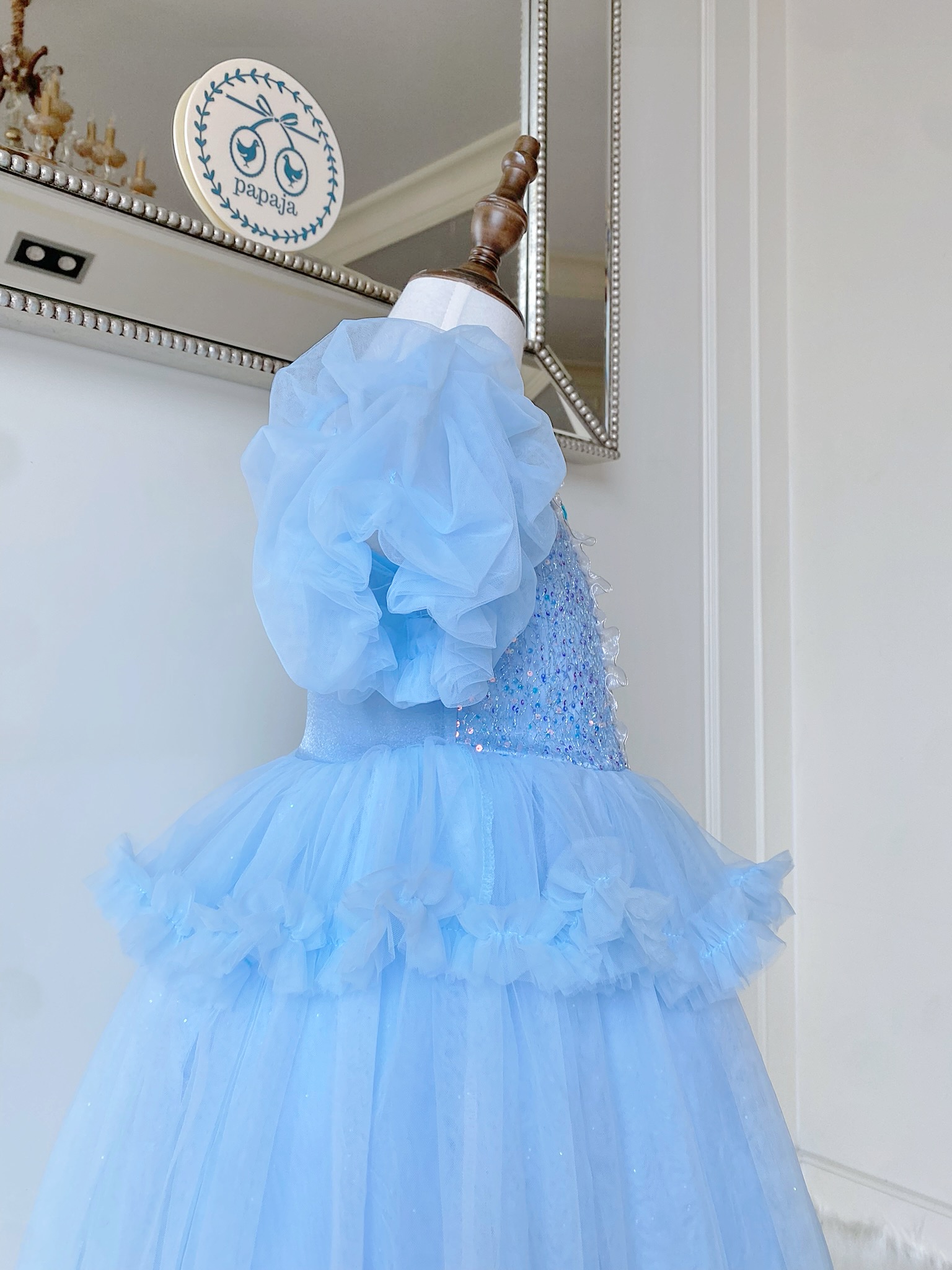 ชุดเจ้าหญิงซินเดอเรลล่าแขนตุ๊กตา ช่วงเอวต่อระบายผ้าโปร่ง 2 ชั้น