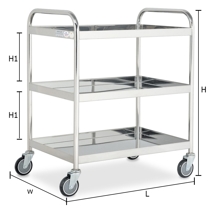 รถเข็นถาดสเตนเลส 3 ชั้น รุ่นมือจับ 2 ข้าง ล้อ PU 745x510x885 mm