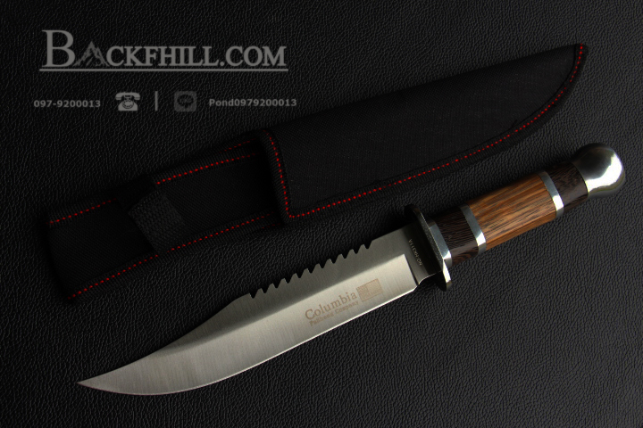 มีดใบตาย COLUMBIA รุ่น HK311A ใบมีดทรงโบวี่ ด้ามจับไม้คลาสสิค ท้าย Stainless Steel พร้อมซองไนลอน