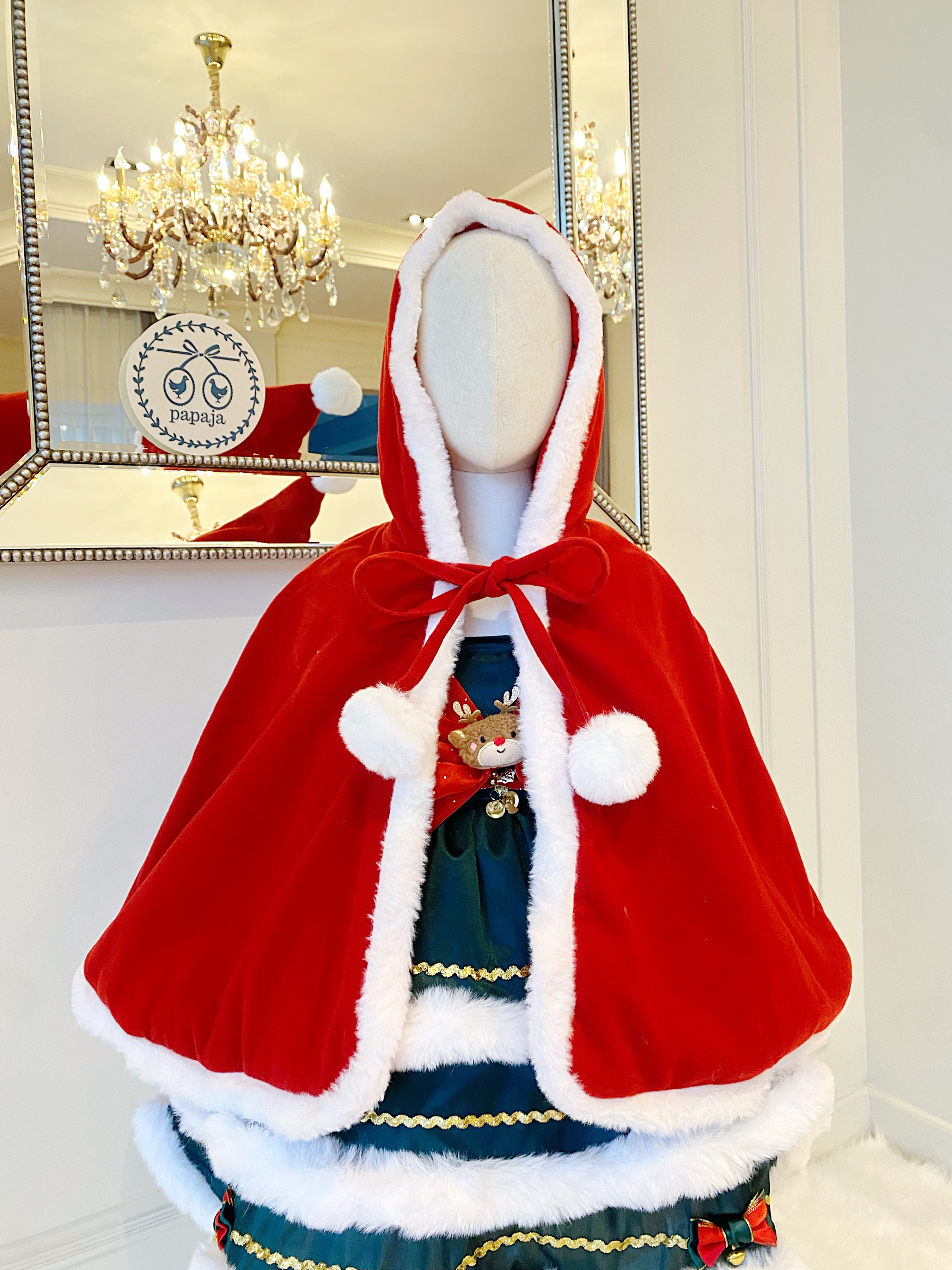 เสื้อคลุมคริสต์มาสมีฮู้ด X'Mas สีแดง ด้านในบุผ้าฟรีซใส่กันหนาวได้ งานพรีเมี่ยม (เฉพาะเสื้อคลุม)